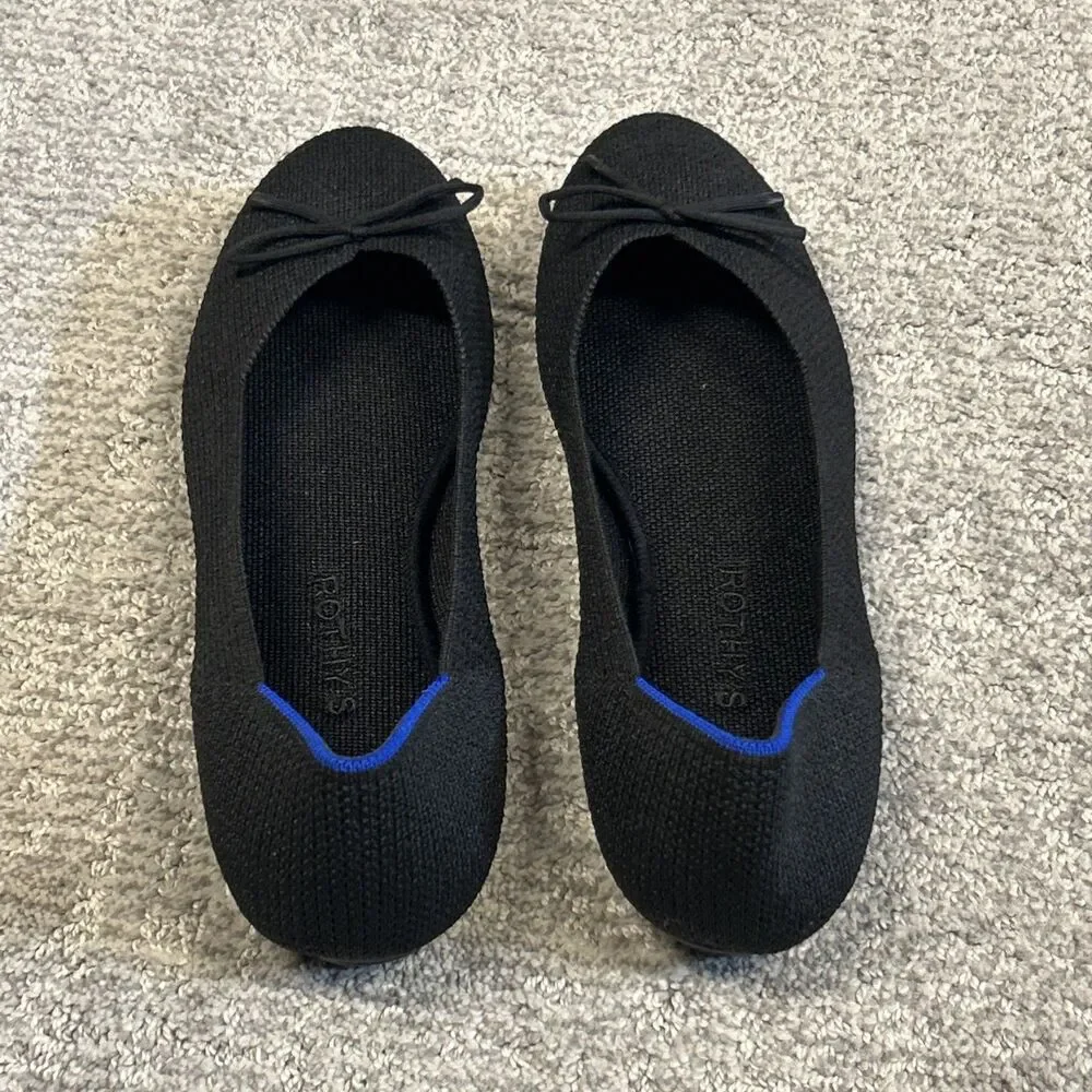 Rothys The Ballet Flats Womens 10.5 Black Knit Bow Round Toe Shoes Comfort